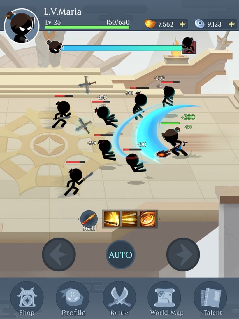 Isang screenshot mula sa idle stickman na nagpapakita ng isang martial artist na umaatake sa isang sangkawan ng mga kaaway
