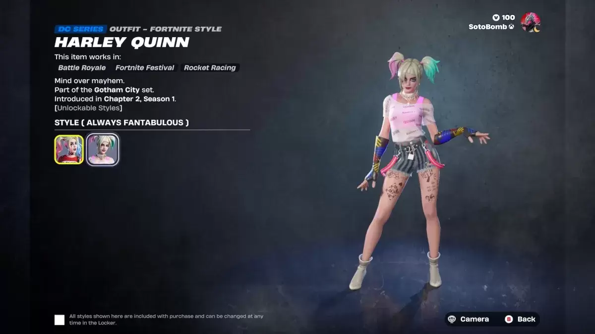 La pelle di Harley Quinn a Fortnite come parte di un articolo sulle missioni.