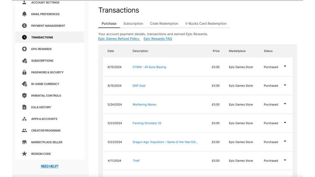 Epic Games transactions page showing purchase history