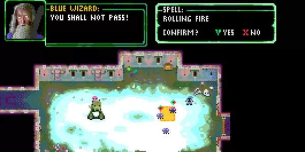 A picture of a pixelated ice cave in which a woman and an orc-like monster stand in conversation.