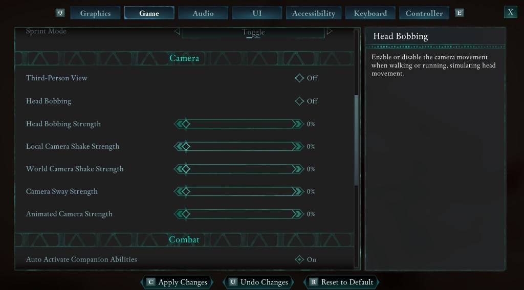 Een afbeelding die het instellingenmenu weergeeft in de Avowed als onderdeel van een gids voor het verminderen van bewegingsziekte tijdens het spelen van het spel.