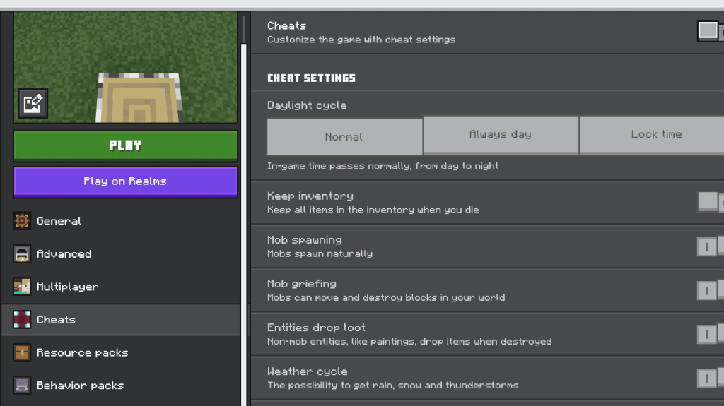 Minecraft Cheats Screen - Bedrock Edition