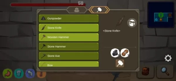 於昏暗地牢背景中展示多樣生存物品的庫存管理畫面