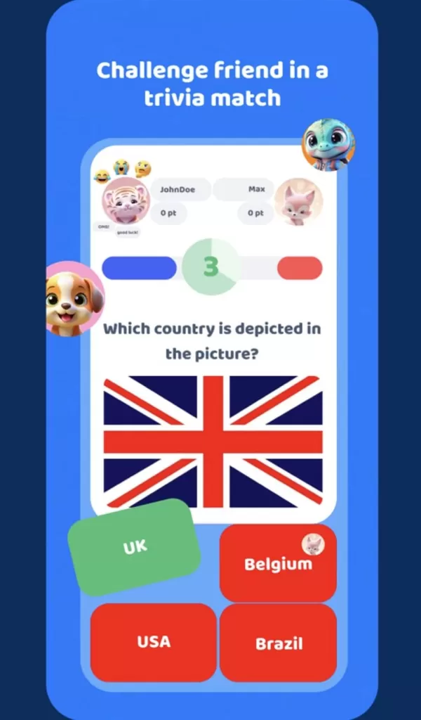 Quiz interface showing multiple-choice question about which country the Union Jack flag represents