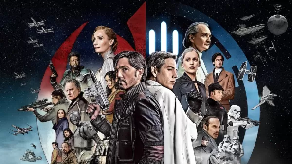 Cassian Andor flanked by rebel allies