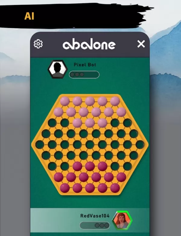 Uno screenshot di un gioco di abalone in corso, con una tavola esagonale e marmi bianchi contro neri