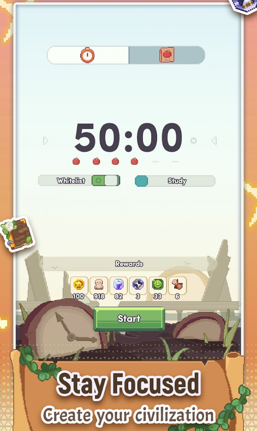 Age of Pomodoro 游戏计时器截图，显示增强专注选项的按钮