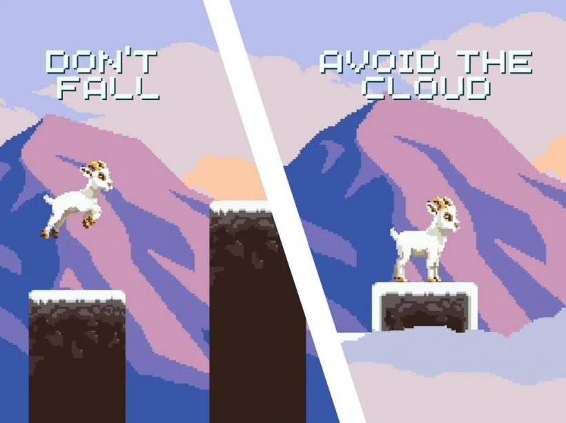 Pixelated goat jumping across mountain platforms in Gizmoat game